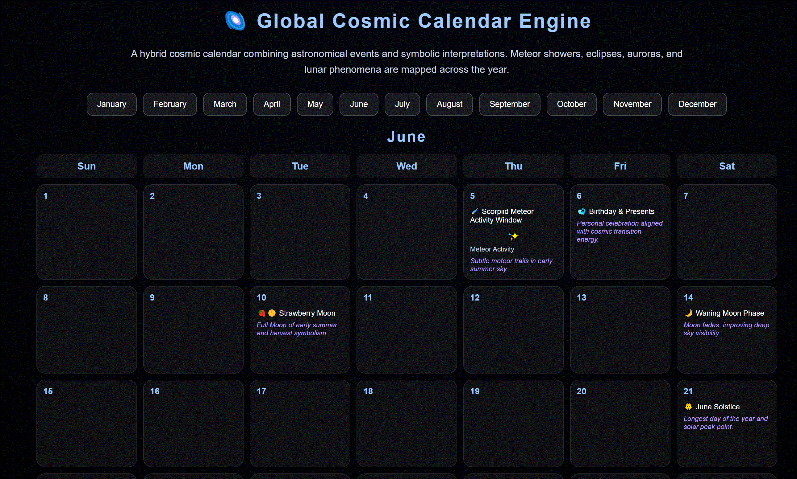 Global calendar sky phenomena